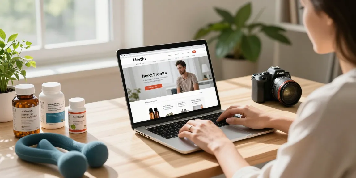 Durchsuchen der Medi Pharma Shop-Website mit Gesundheitsprodukten in einem stilvollen Homeoffice.