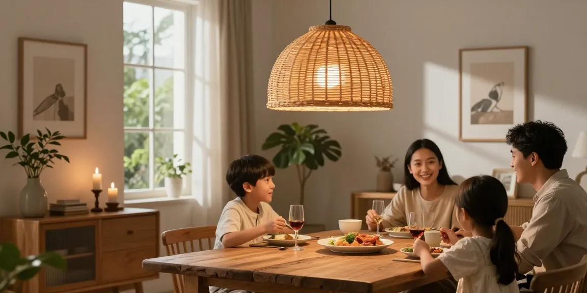 Rattan Lampenschirme, die ein gemütliches Esszimmer mit warmem Licht bereichern.