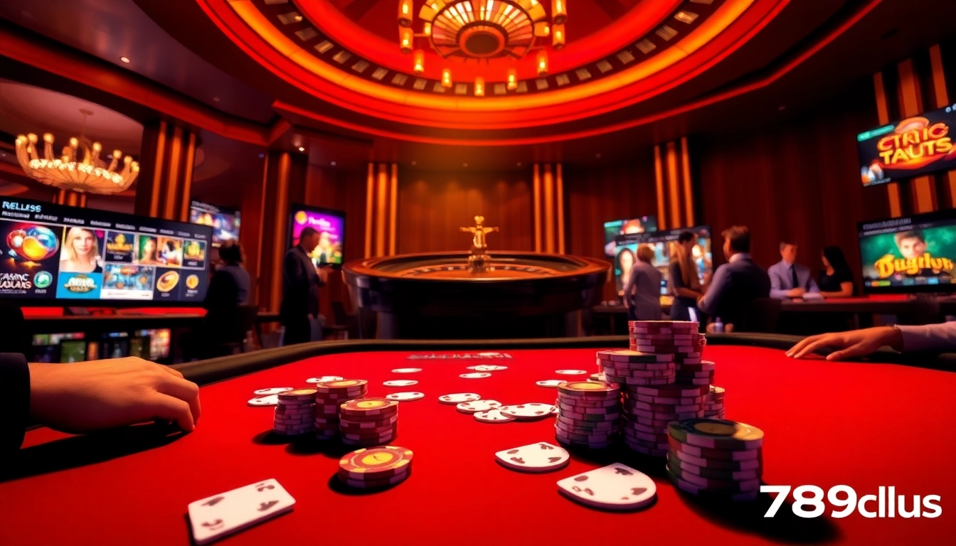 Experience the thrilling atmosphere of 789club with luxurious casino elements like chips and a roulette wheel.