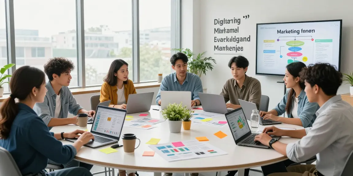 Team brainstormt innovative Online-Marketing-Strategien in einem modernen Arbeitsplatz.