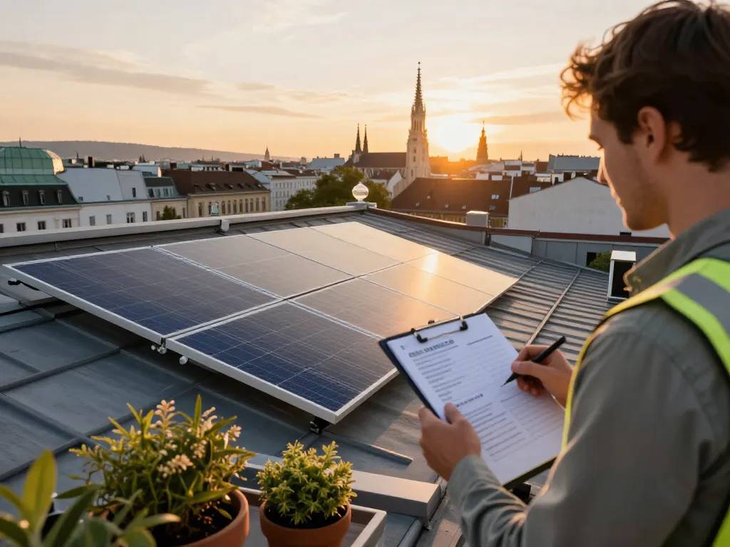 Installation von Photovoltaikpaneelen in Wien, die umweltfreundliche Lösungen für erneuerbare Energien in einer schönen städtischen Umgebung präsentieren.