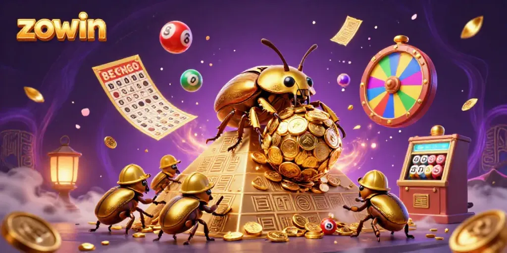 Experience the excitement of zowin with a vibrant 3D scene filled with golden casino symbols and dynamic lottery elements.