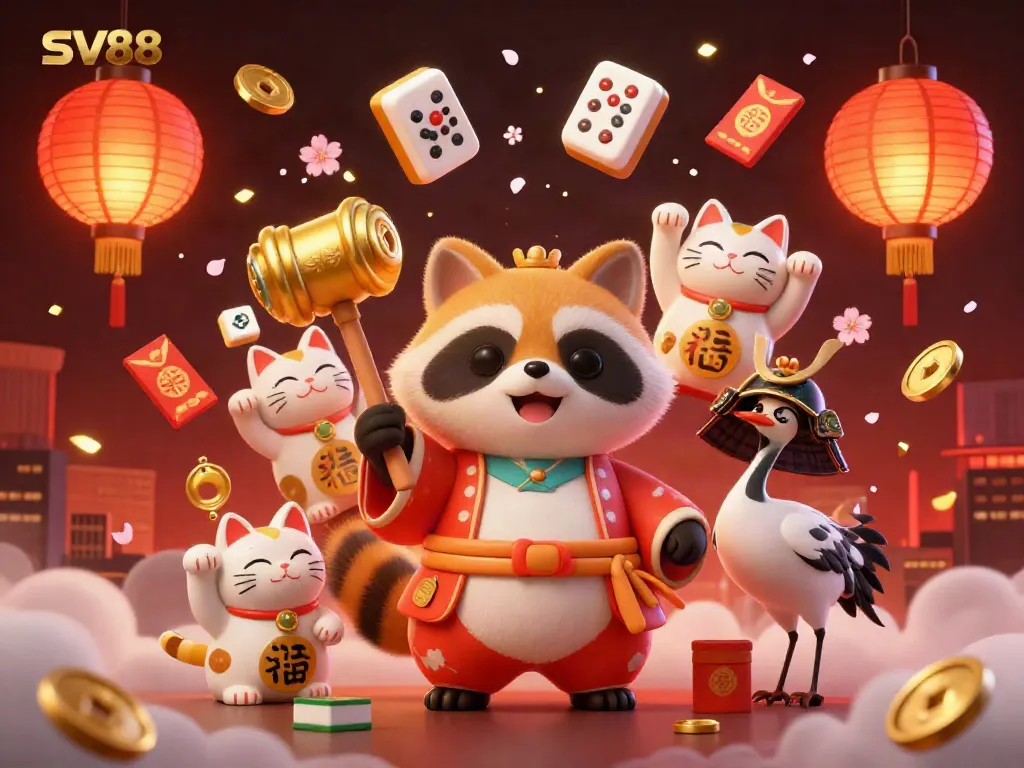 Experience exciting gaming at SV88 with cheerful tanuki and colorful fortune cats in a vibrant, engaging casino scene.