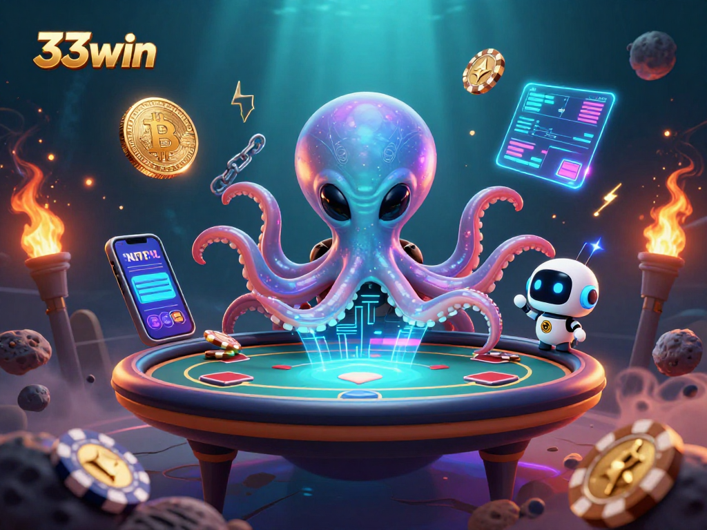 Engage with 33win's exciting gaming scene featuring a cosmic octopus and robotic companion playing poker.