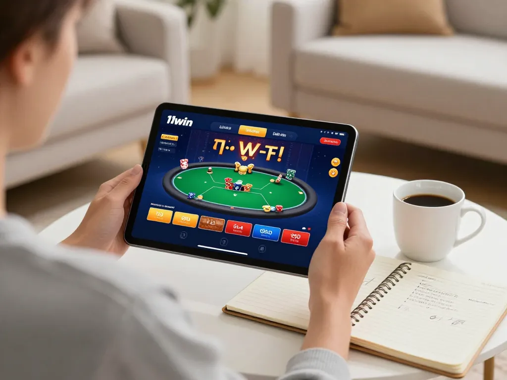 Engaging in a poker game on 11win platform at home, featuring a tablet and strategy notes.