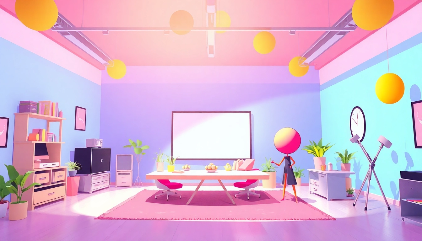 Gestalte ein kreatives 2D Animation Studio mit lebhaften Charakterdesigns und digitalen Zeichenwerkzeugen.
