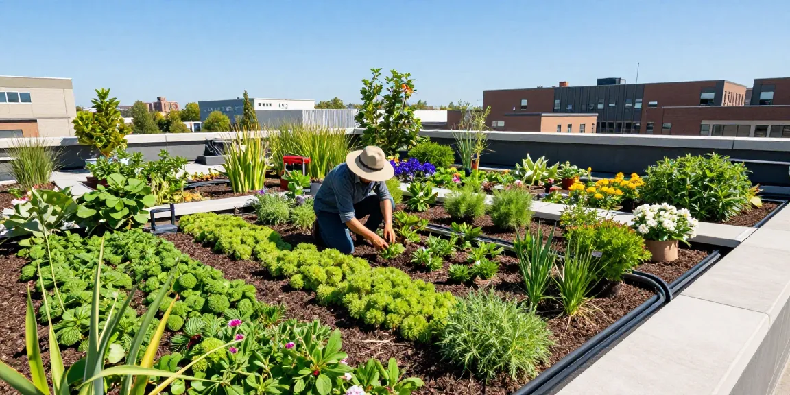 Flachdachbegrünung mit Sedum und Kräutern, die in einem lebendigen Dachgarten gepflanzt werden.