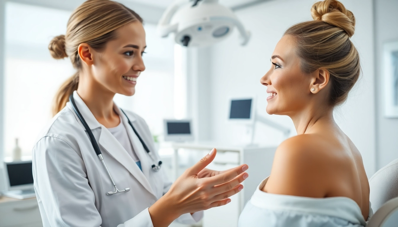 Sculptra-Behandlung: Dermatologe berät Patientin in moderner Klinik.