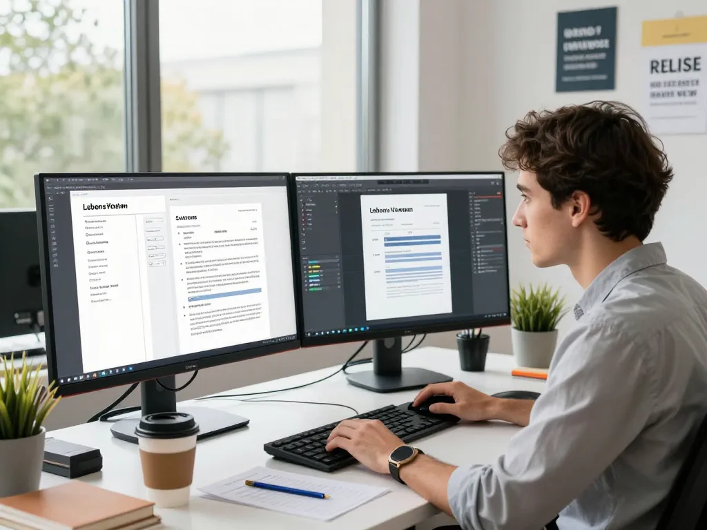 Erstellung professioneller Lebenslauf Vorlagen in einem modernen Büro mit Doppelmonitoren und motivierender Dekoration.