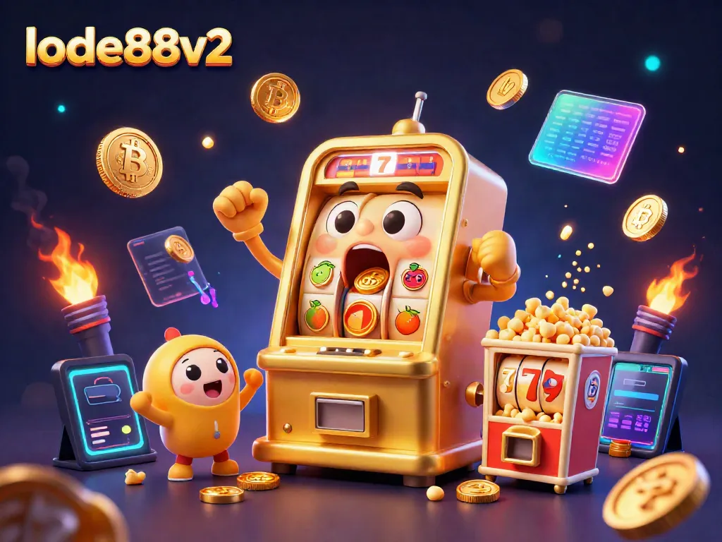 lode88v2 engages players with dynamic slot machine characters celebrating a jackpot in a vibrant casino scene