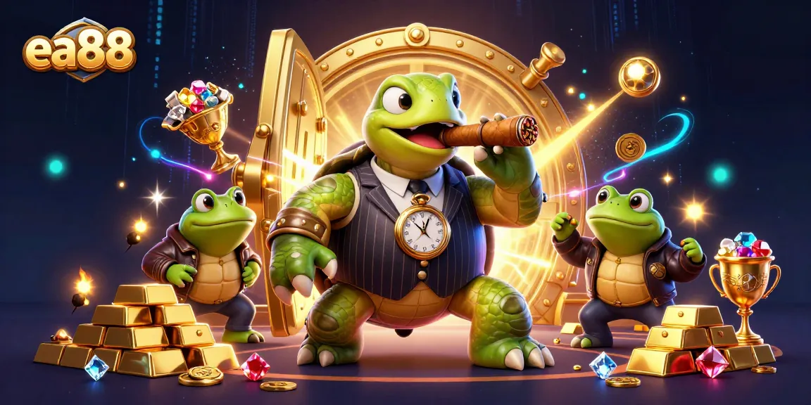ea88 showcases its vibrant casino atmosphere with a snapping turtle character and dazzling treasures.