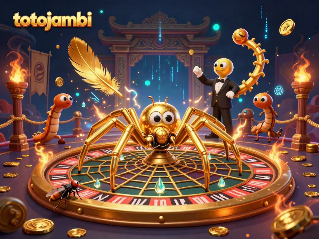 Experience the thrill of betting at totojambi with a spider and centipede in a vibrant 3D casino scene.