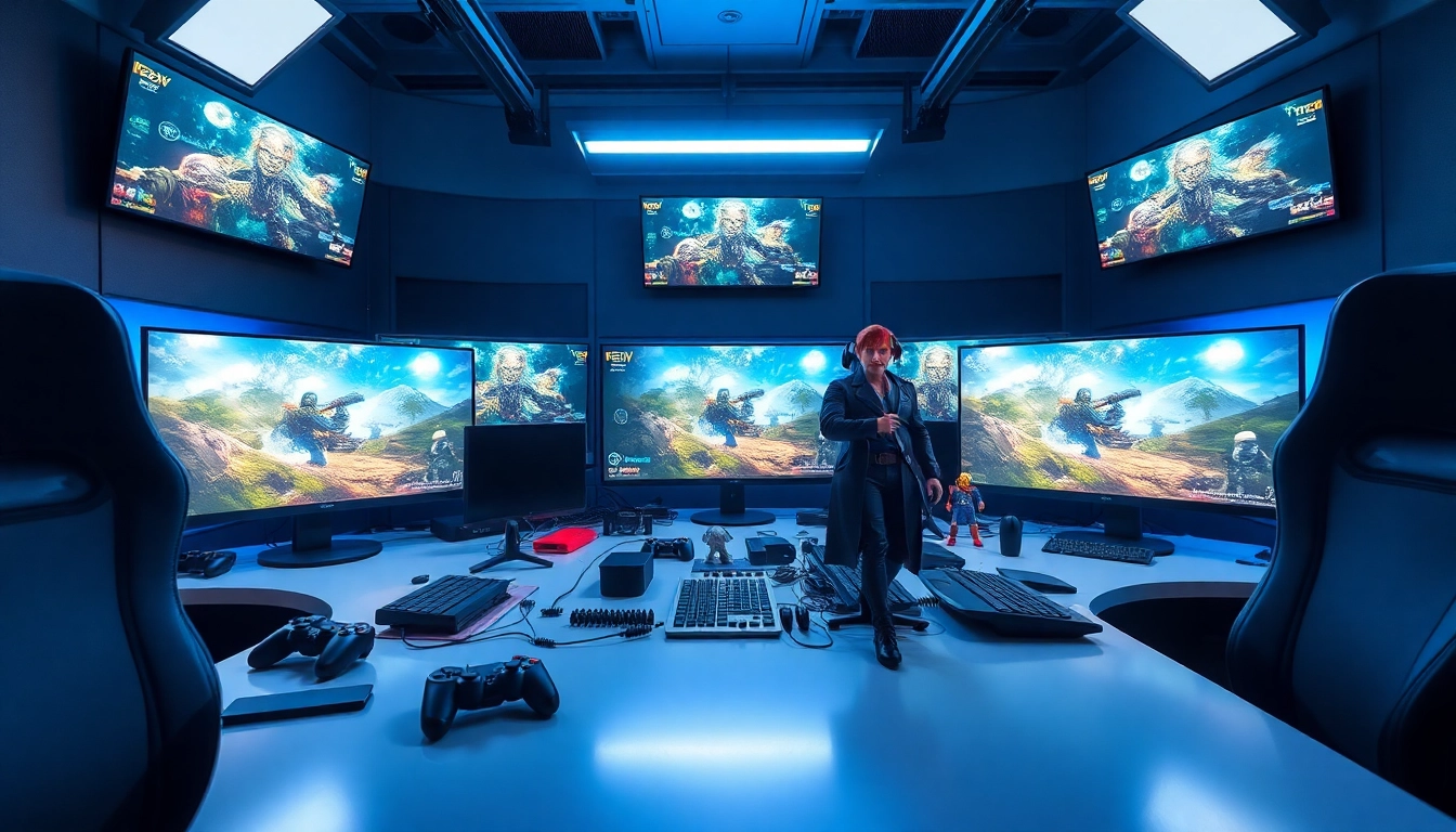 Aktuelle Gaming News in einem modernen Arbeitsplatz mit Monitoren.