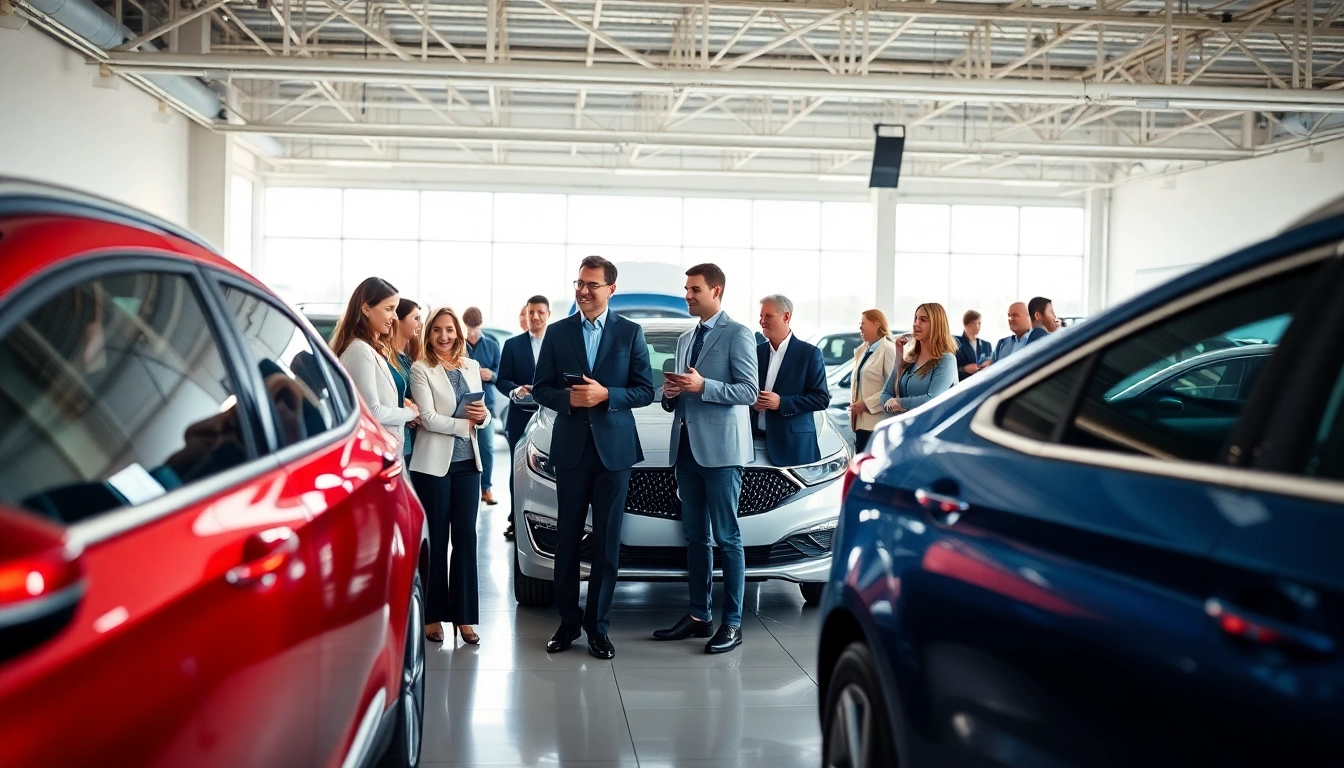 Auto kaufen in einem modernen Autohaus mit potenziellen Käufern und glänzenden Fahrzeugen.