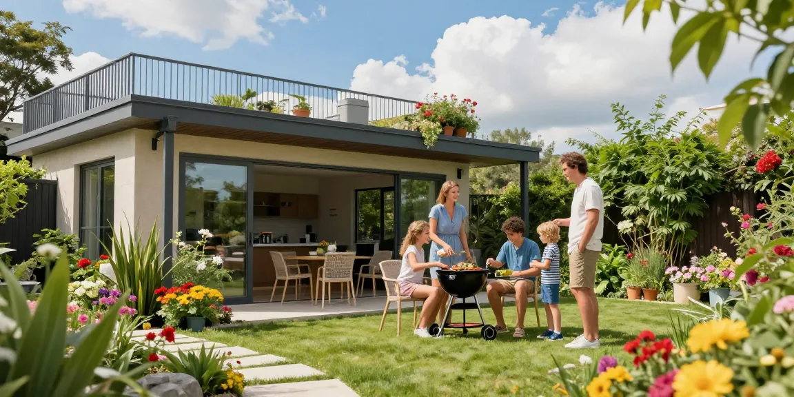 Freistehende Terrassenüberdachung mit Familie in sonnigem Garten für BBQ.