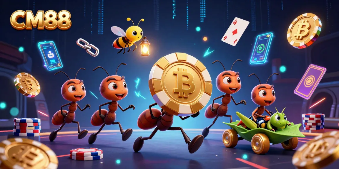Experience the excitement of CM88 with playful ants carrying a giant poker chip amidst vibrant casino elements.