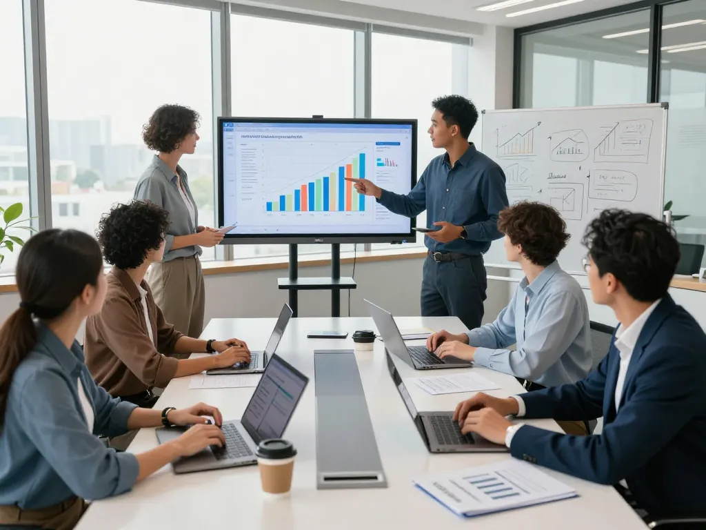 Dynamic business meeting showing professionals discussing sumwin strategies in modern office.