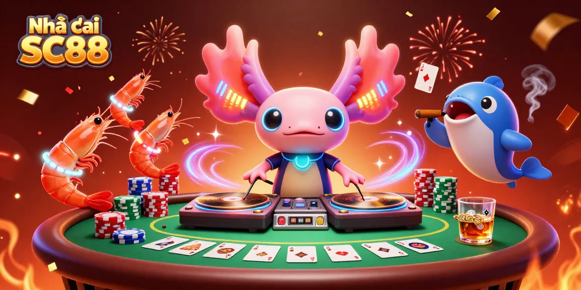 Experience excitement at Nhà cái SC88 with a vibrant casino illustration featuring a DJ axolotl and gaming elements.