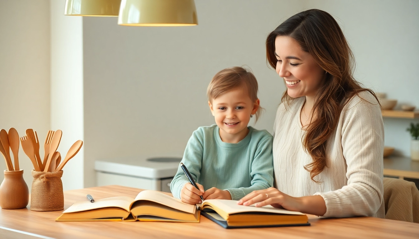 Eine Mutter unterrichtet ihr Kind im Heimunterricht am Küchentisch mit Büchern und Schreibmaterialien.