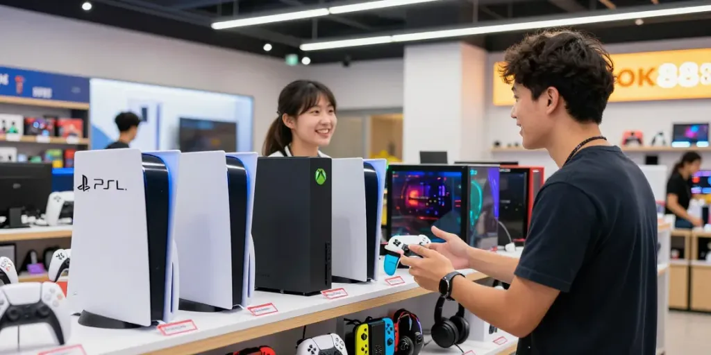Customer consulting about gaming consoles at https://rokok88.com, in a vibrant store atmosphere.