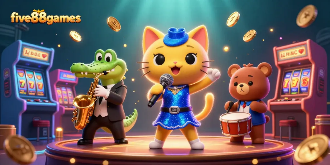 Experience exciting wins at five88games with vibrant characters in a lively casino scene.