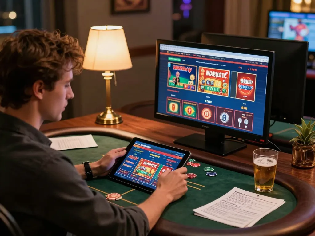VIN88 player evaluating strategies while gaming on a tablet at home, showcasing responsible gambling