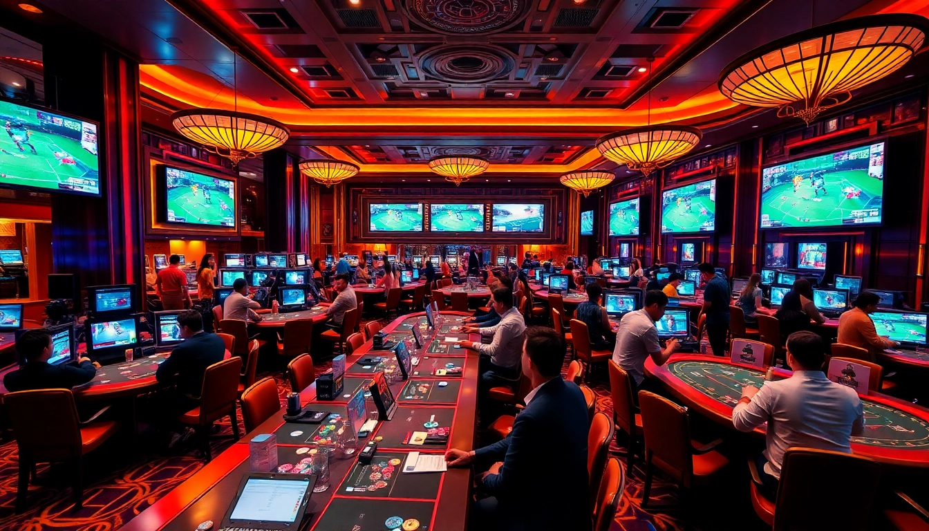 Excited gamblers analyze tỷ lệ bóng đá at a vibrant sports betting table in a luxurious casino.