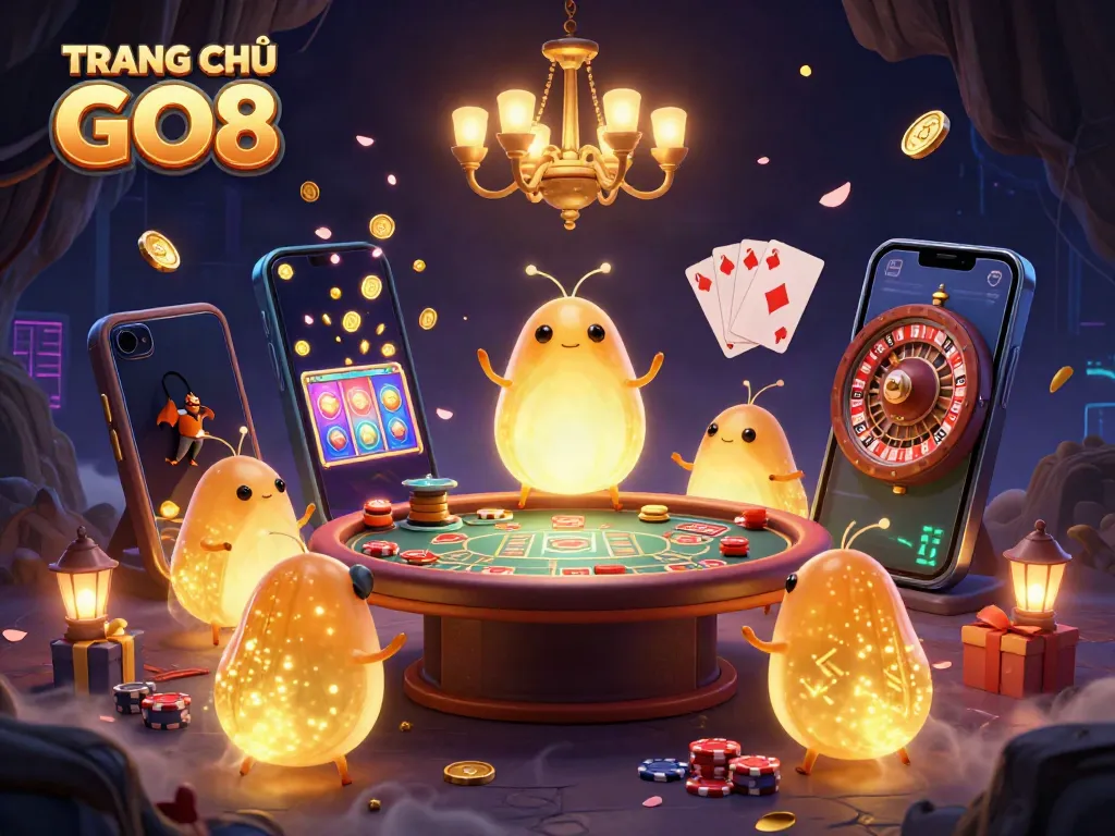 Experience the excitement of TRANG CHỦ GO8 with glowing characters in a vibrant casino scene.