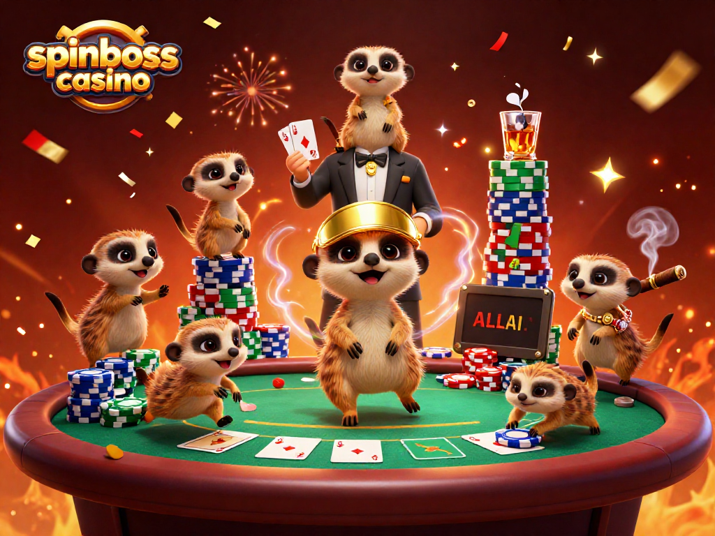 Spinboss Casino: Erdmännchen in einem lebhaften Casino mit Poker-Elementen und festlicher Atmosphäre.