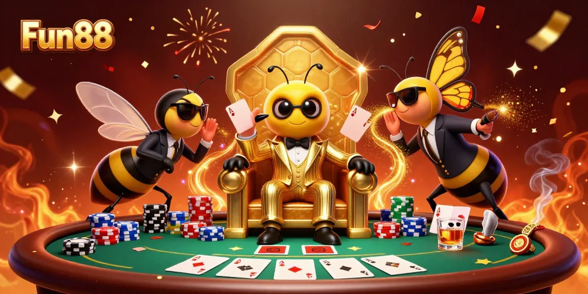 Engage in thrilling poker action with Fun88's vibrant bumblebee mob boss themed illustration.
