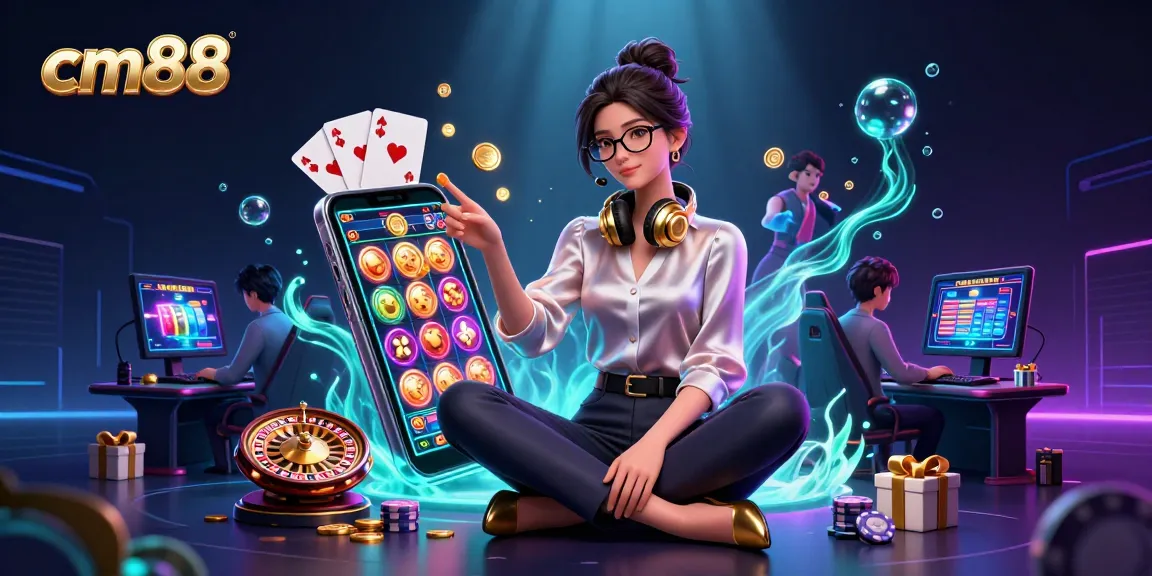 Engage with cm88's vibrant gaming scene featuring an elegant woman in a high-tech casino setup.