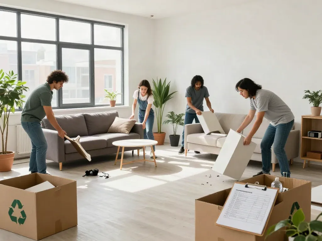 Professionelle Wohnungsentrümpelung in Berlin: Team entfernt alte Möbel mit Fokus auf Effizienz.