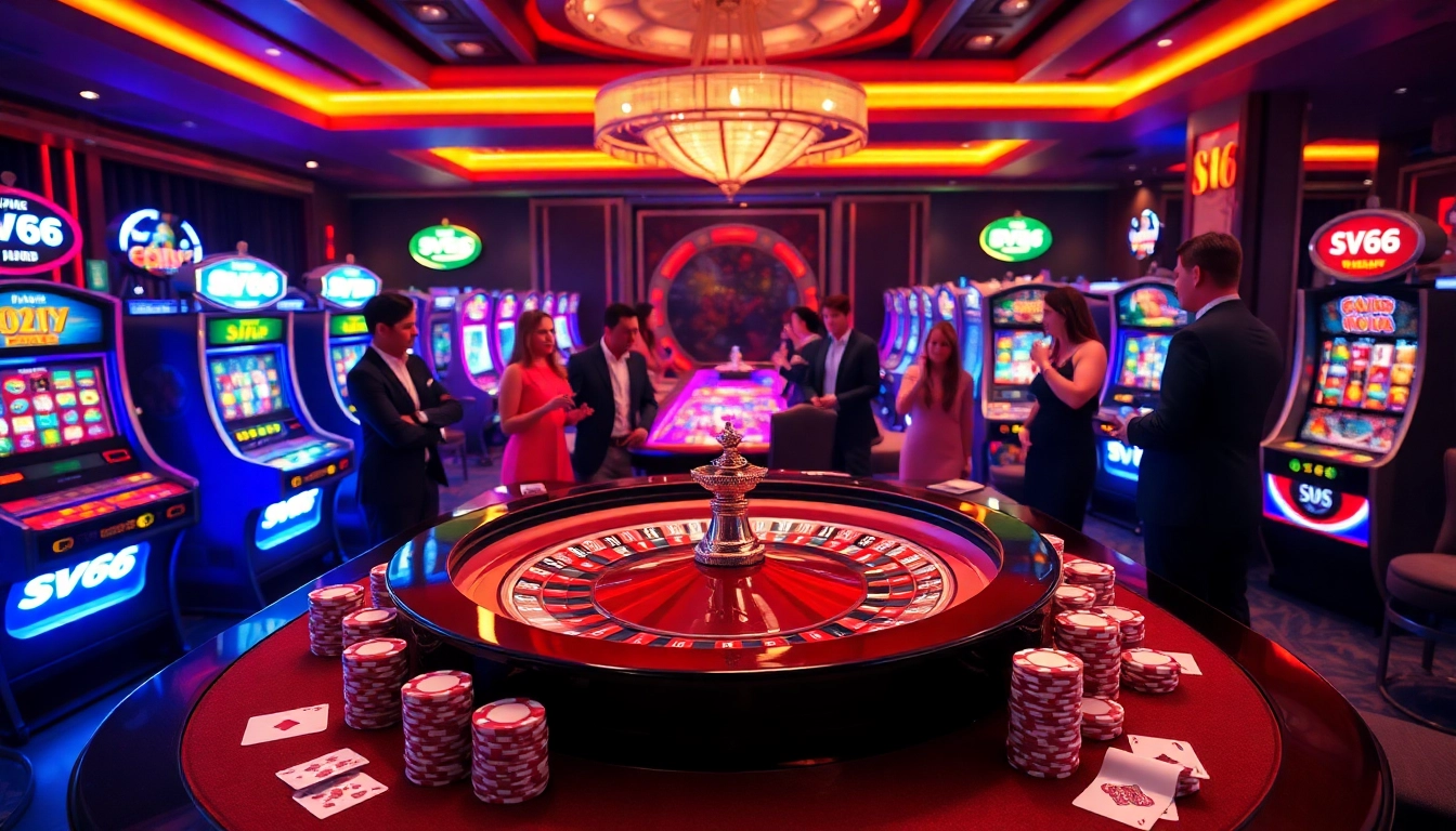 Experience thrilling gambling action with sv66 đăng nhập at an upscale casino, showcasing poker chips, cards, and roulette.