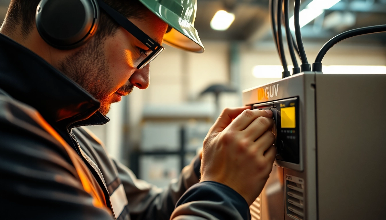 Technician carrying out DGUV V3 Prüfung to ensure safety compliance of electrical equipment.