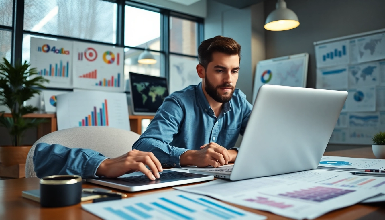 Online Marketing Strategie: Professioneller Marketer analysiert Daten am Laptop in modernem Büro.