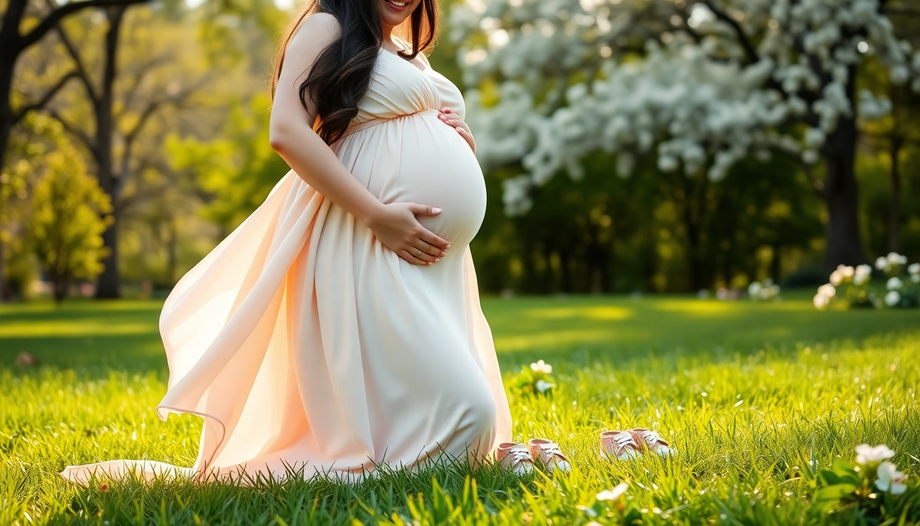 Babybauch Shooting München mit einer schwangeren Frau im Park in sanften Tönen.