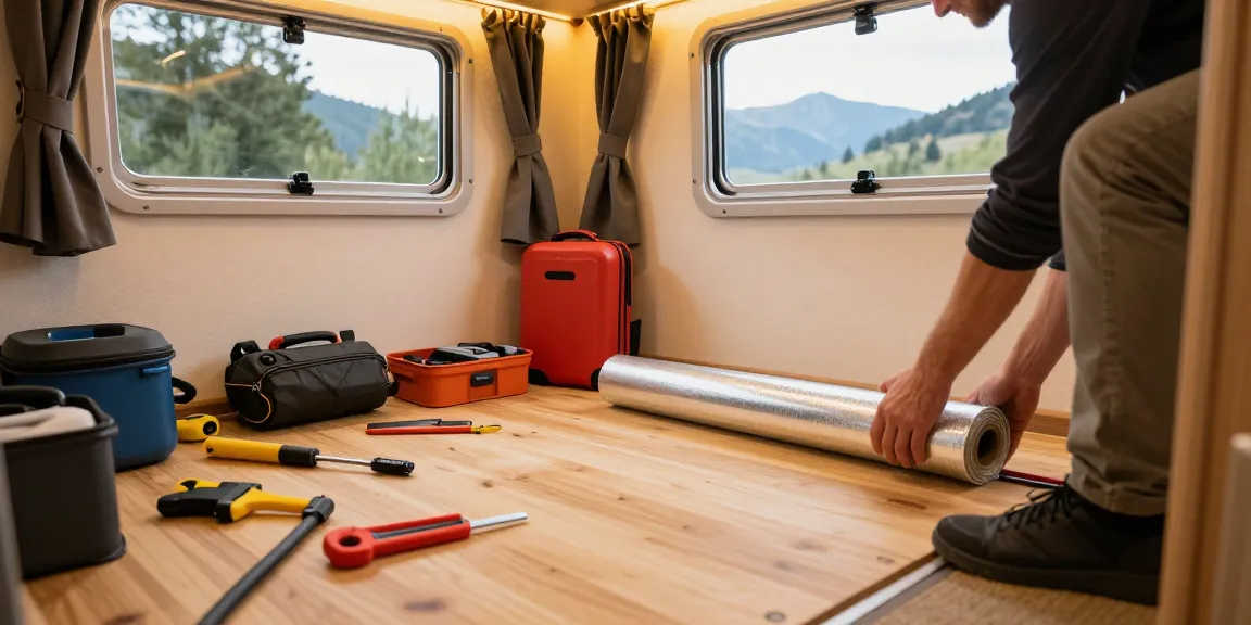 Installation der Wohnmobil Fußbodenheizung in einem gemütlichen Camper-Innenraum mit Werkzeug und Heizfolie.
