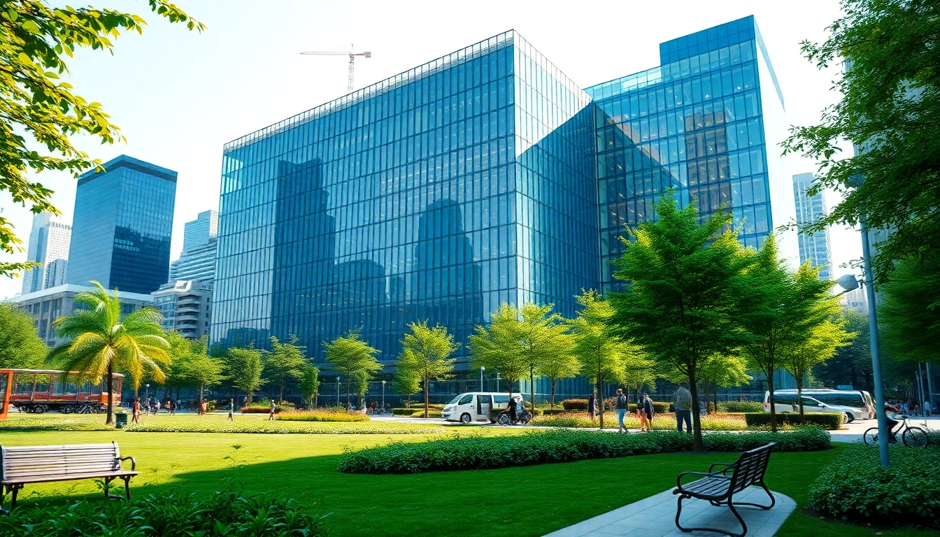 Architekturvisualisierung eines modernen Bürogebäudes mit grünen Elementen und lebhaften Park.