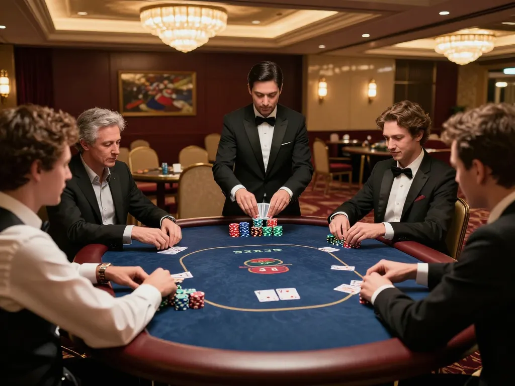 Experience thrilling poker gameplay at KP88 with players and vibrant chips in an elegant casino setting.