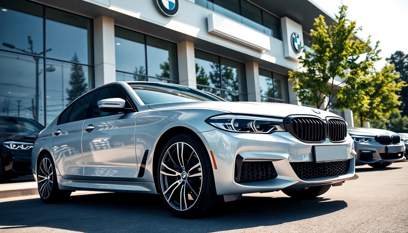 BMW kaufen: Eleganter BMW vor modernem Autohaus mit großen Fenstern