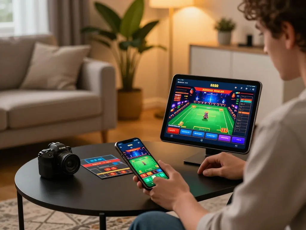 Player enjoying a live dealer game on the RR88 app, surrounded by casino atmosphere in a cozy home.