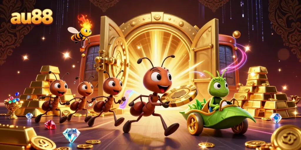 Ants on a heist carrying an oversized golden poker chip in an enriched casino-themed scene, featuring au88 branding.