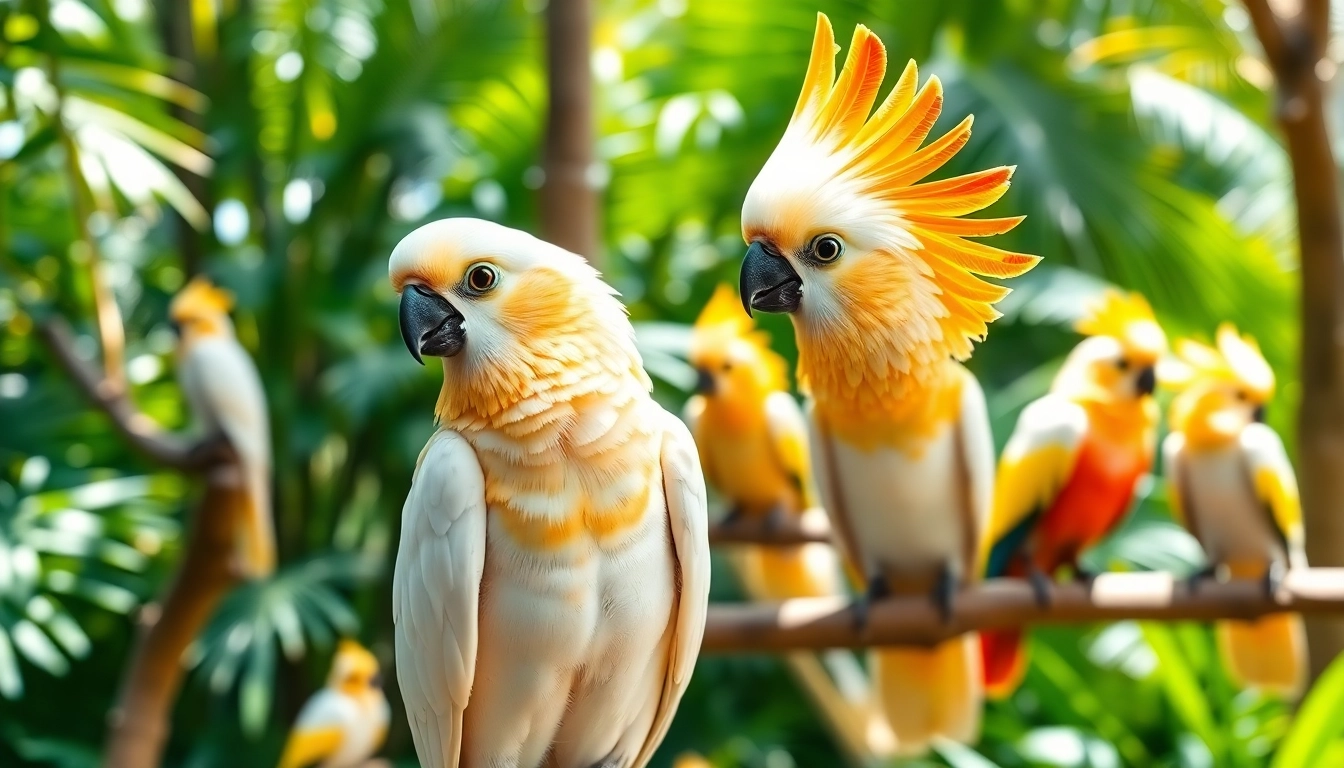 Kakadus zu verkaufen in einer eleganten Aviary mit bunten Kakadus, die sich entspannt in der Natur zeigen.