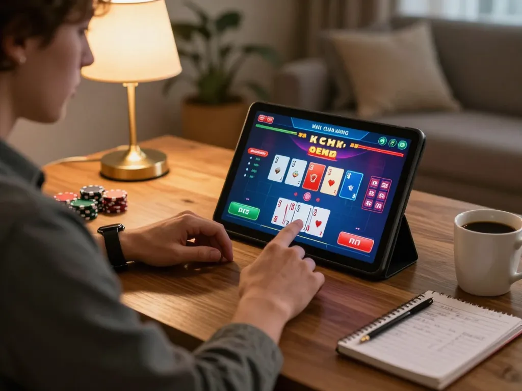 Engage in an exciting lc88 table poker game from a cozy home setup with strategic notes.