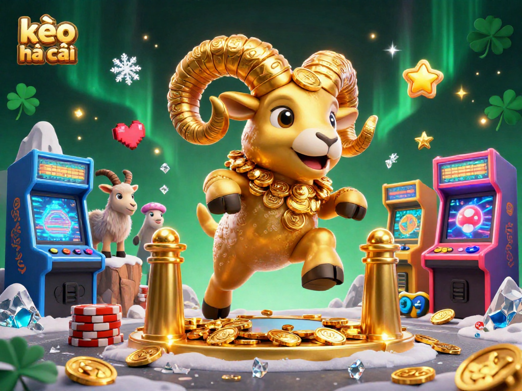 Engage in sports betting with kèo nhà cái as a golden ram charges through a vibrant arcade scene.