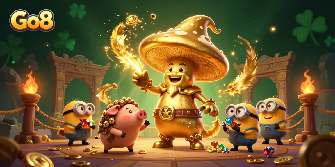 Experience the magic of Go8 with a golden mushroom wizard amidst vibrant casino elements.
