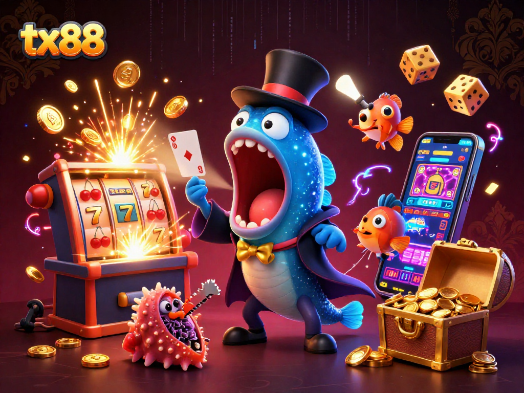 Engaging tx88-themed casino illustration with vibrant characters showcasing card tricks and jackpot excitement.