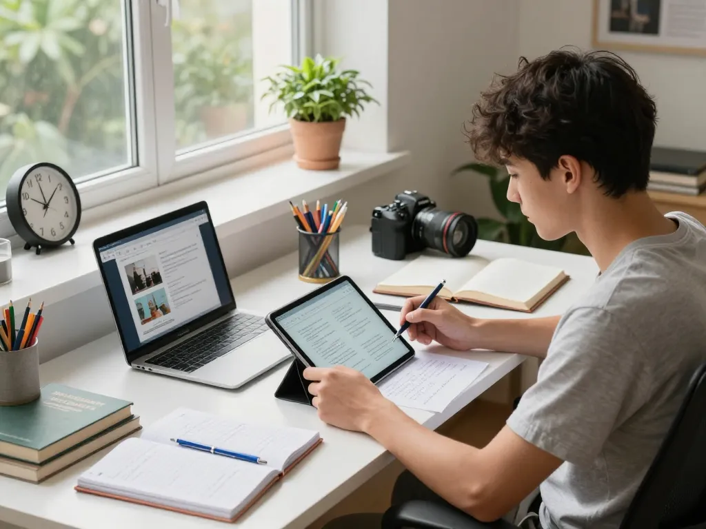 Student nutzt die Hausaufgaben Löser KI-App in einem hellen Studienraum mit Büchern und einem Laptop.