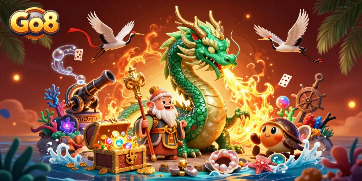 Experience winning moments at Go8 with an energetic casino illustration featuring a jade dragon and lucky cranes.