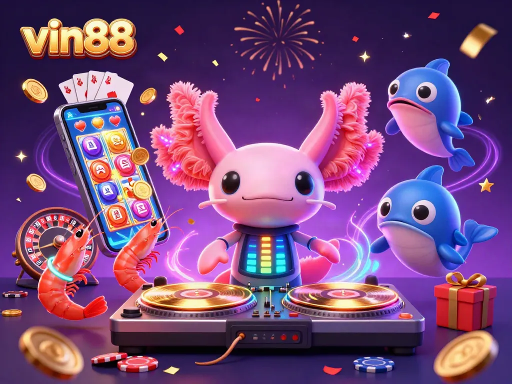 Spin your way to wins with the vibrant vin88 slot scene featuring colorful characters and games!